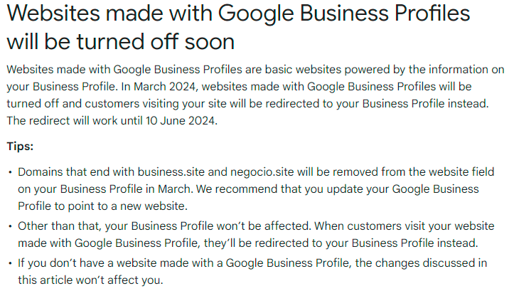 Websites made with Google Business Profiles will be turned off soon